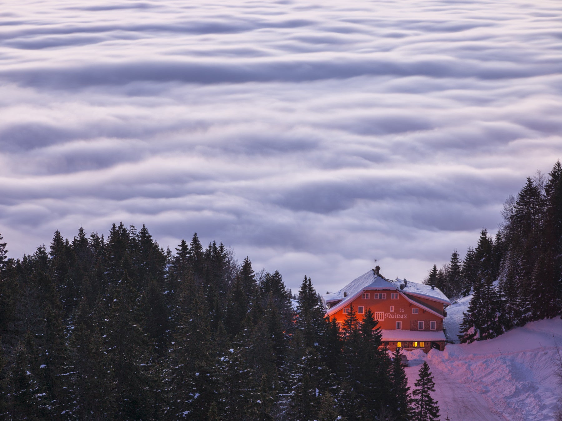 Alpine Chalet Above the Clouds Wallpaper⁠
