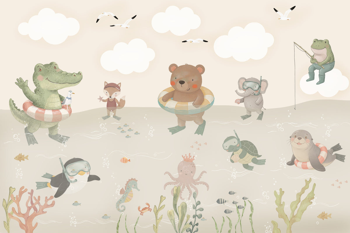 Playful Ocean Friends Illustration Wall Mural in your room