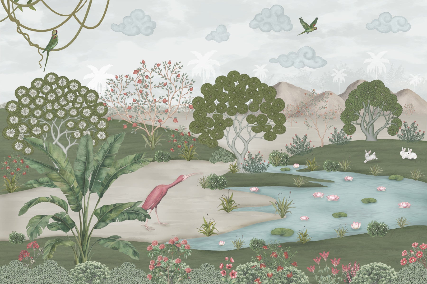 Serene Jungle Stream Illustration Wall Mural