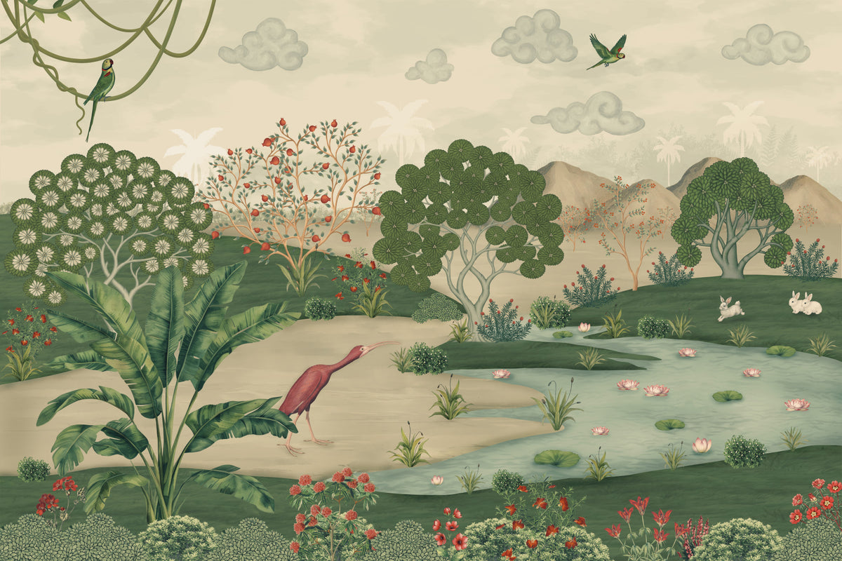 Botanical Heron Meadow Wall Mural in your room — zoomed