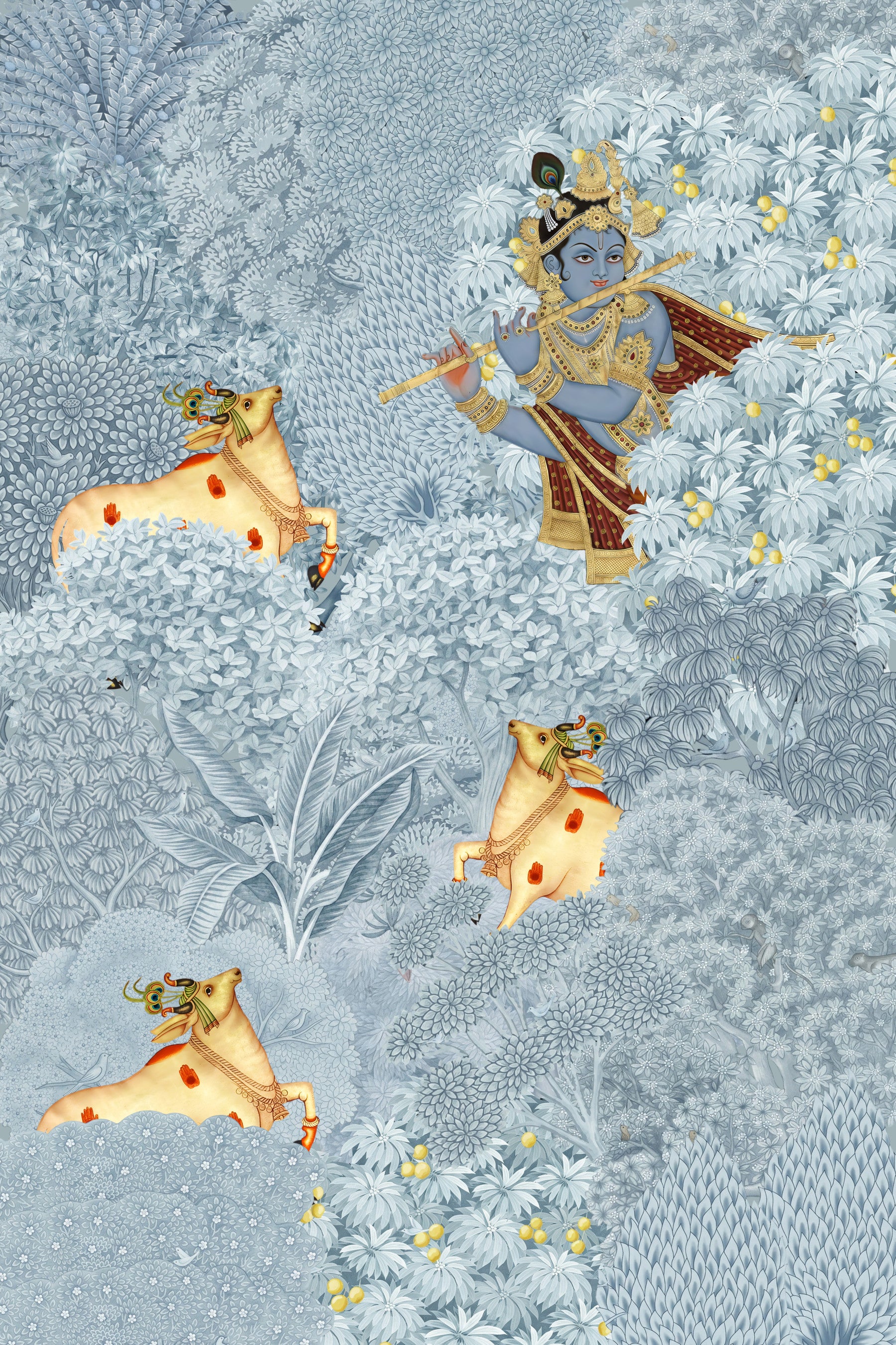 Krishna and Cows Forest Scene Wall Mural