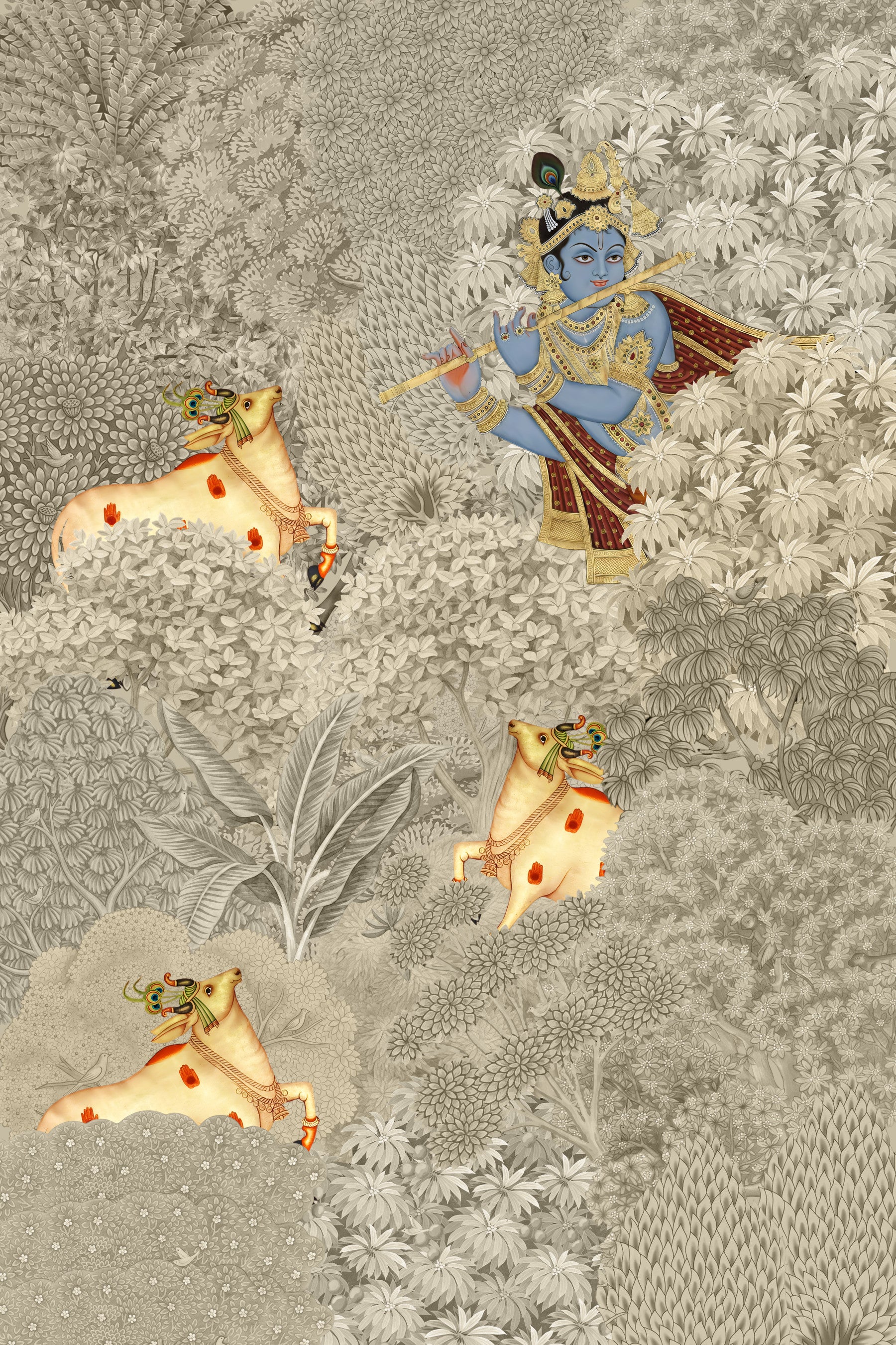 Krishna and Cows Forest Scene Wall Mural