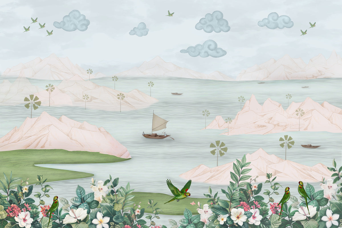 Exotic Parrot and Floral Haven Wall Mural in your room — zoomed