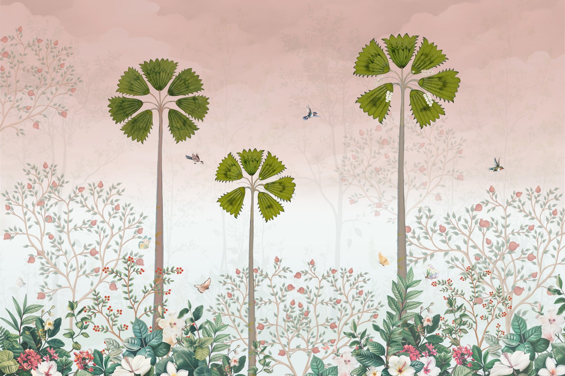 Misty Tropical Palms and Pomegranate Grove Wall Mural
