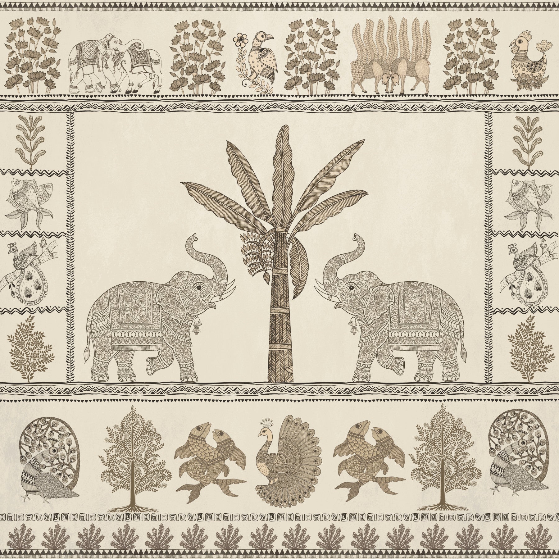 Indian Heritage Elephant and Tree Scene Wall Mural
