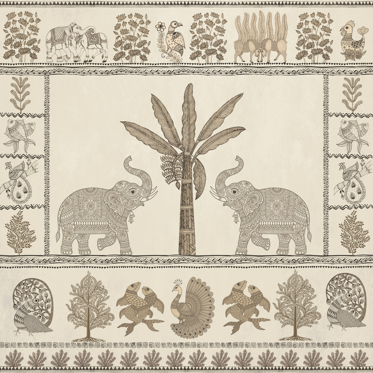Indian Heritage Elephant and Tree Scene Wall Mural