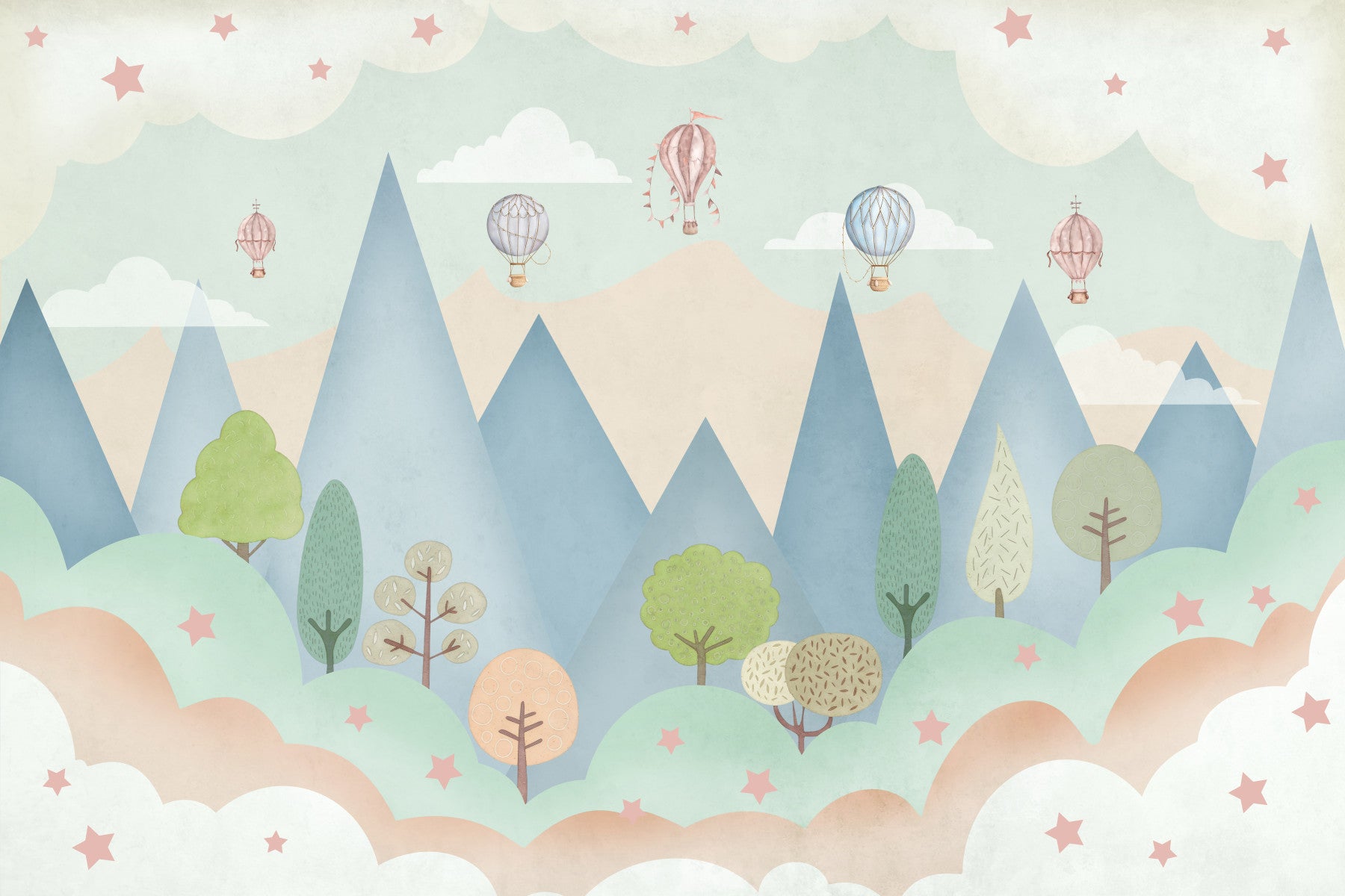 Dreamy Hot Air Balloon Mountain Adventure Wall Mural