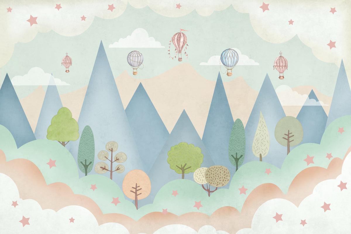 Dreamy Hot Air Balloon Mountain Adventure Wall Mural in your room — zoomed
