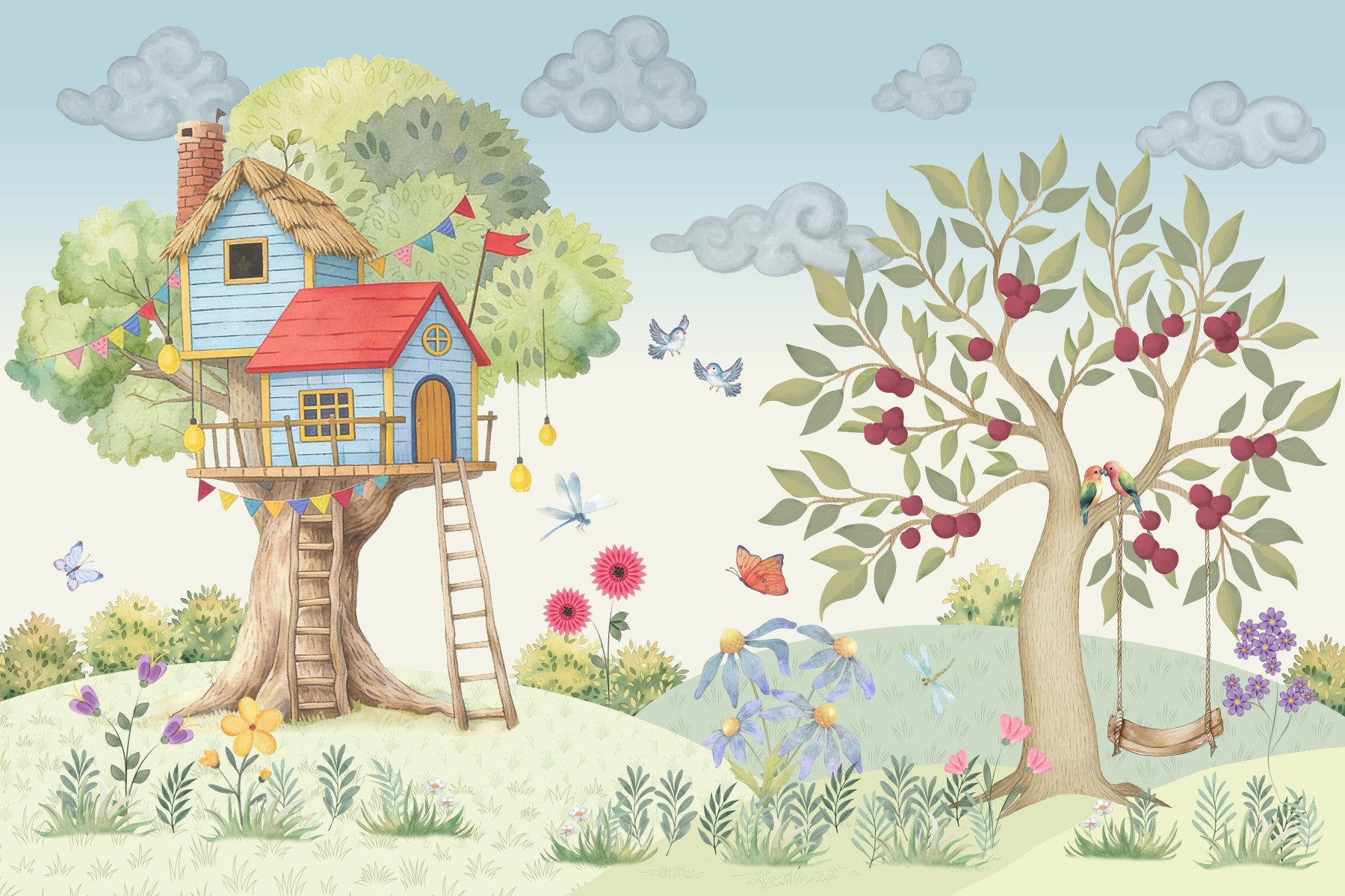 Whimsical Treehouse Garden Adventure Wall Mural