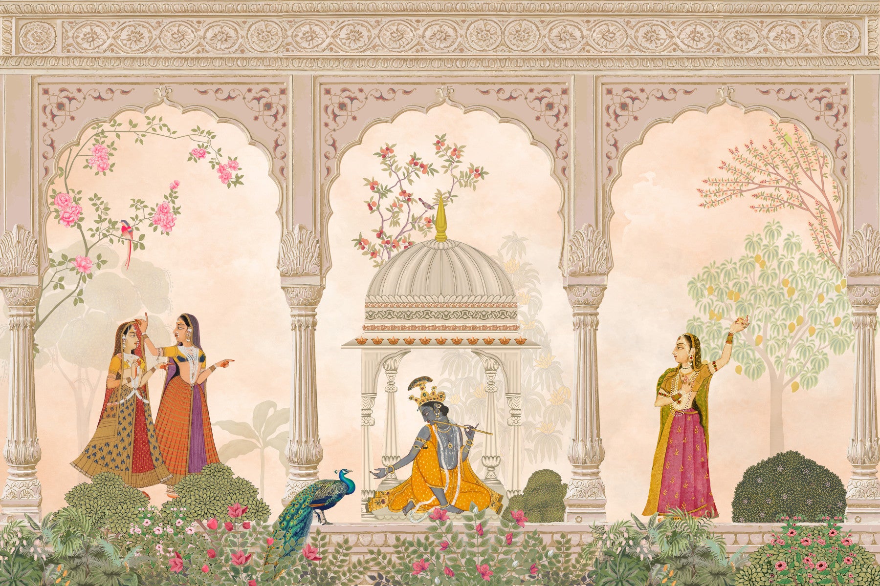Krishna and Gopis Traditional Indian Court Scene Wall Mural