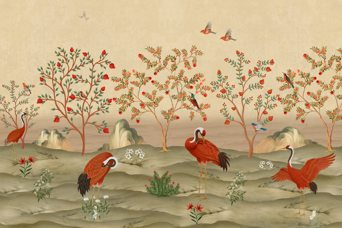 Crimson Cranes in Pomegranate Grove Wall Mural in your room