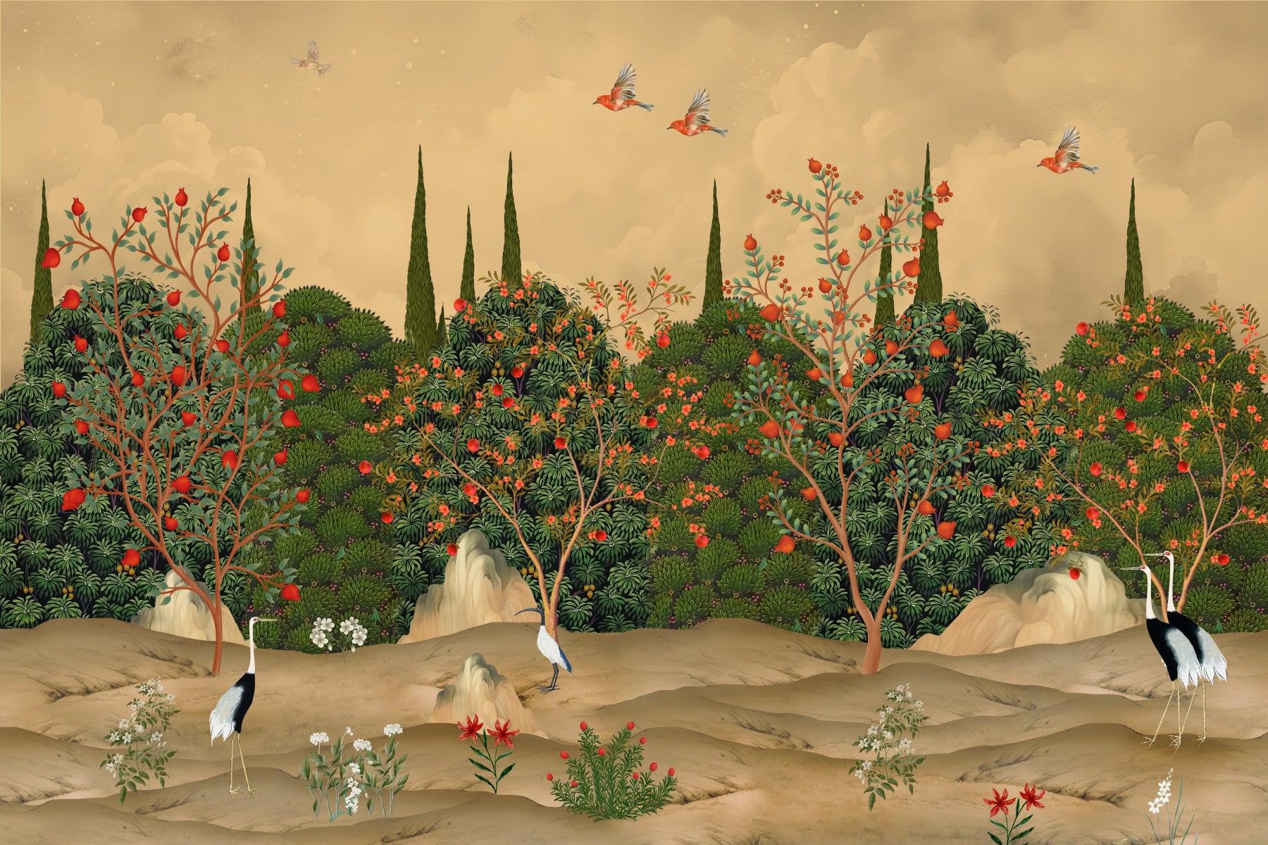 Botanical Pomegranate Orchard Illustration Wall Mural