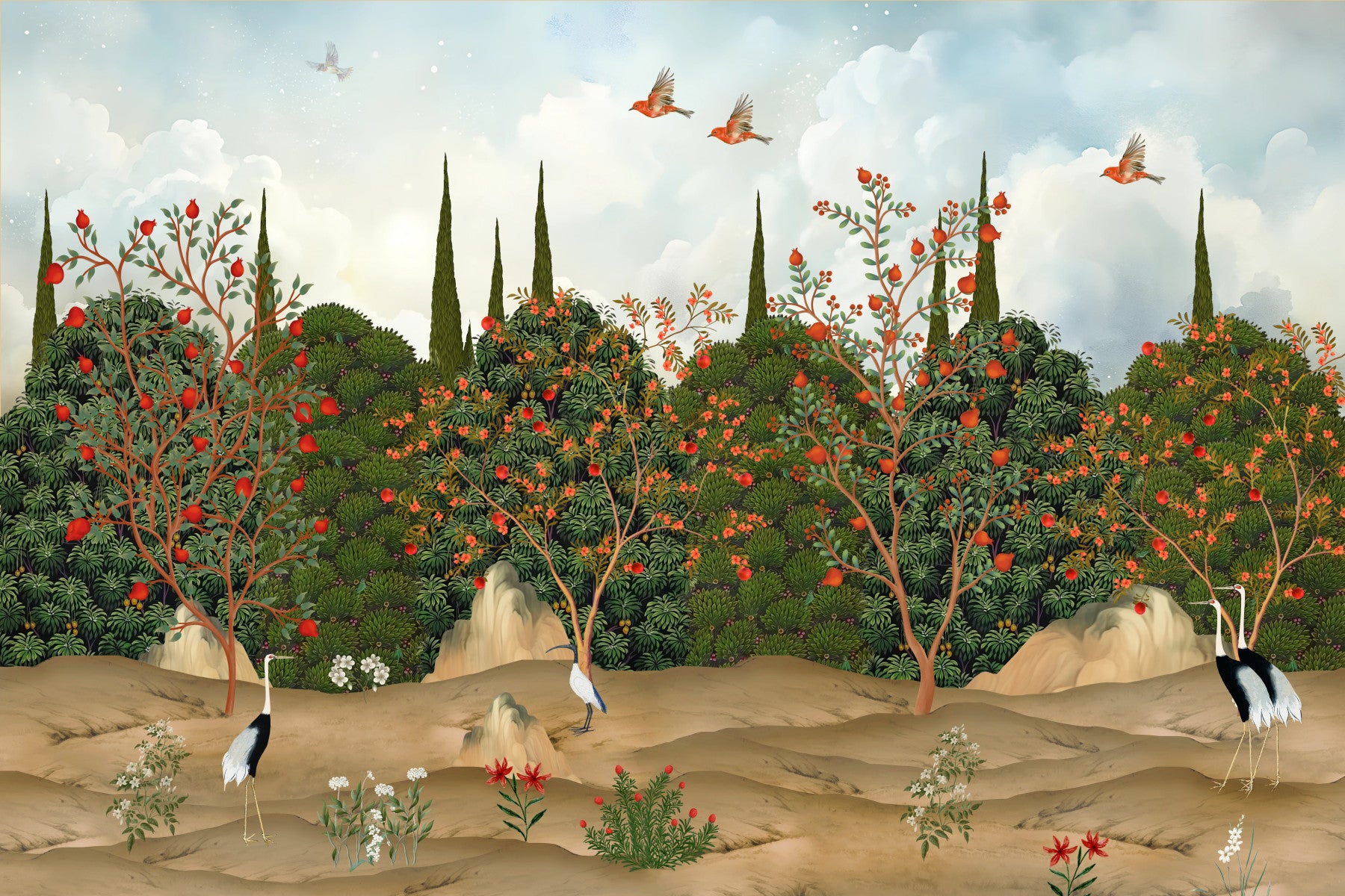 Orchard of Cranes and Pomegranates Wall Mural