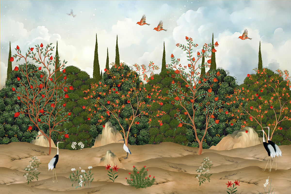 Orchard of Cranes and Pomegranates Wall Mural in your room