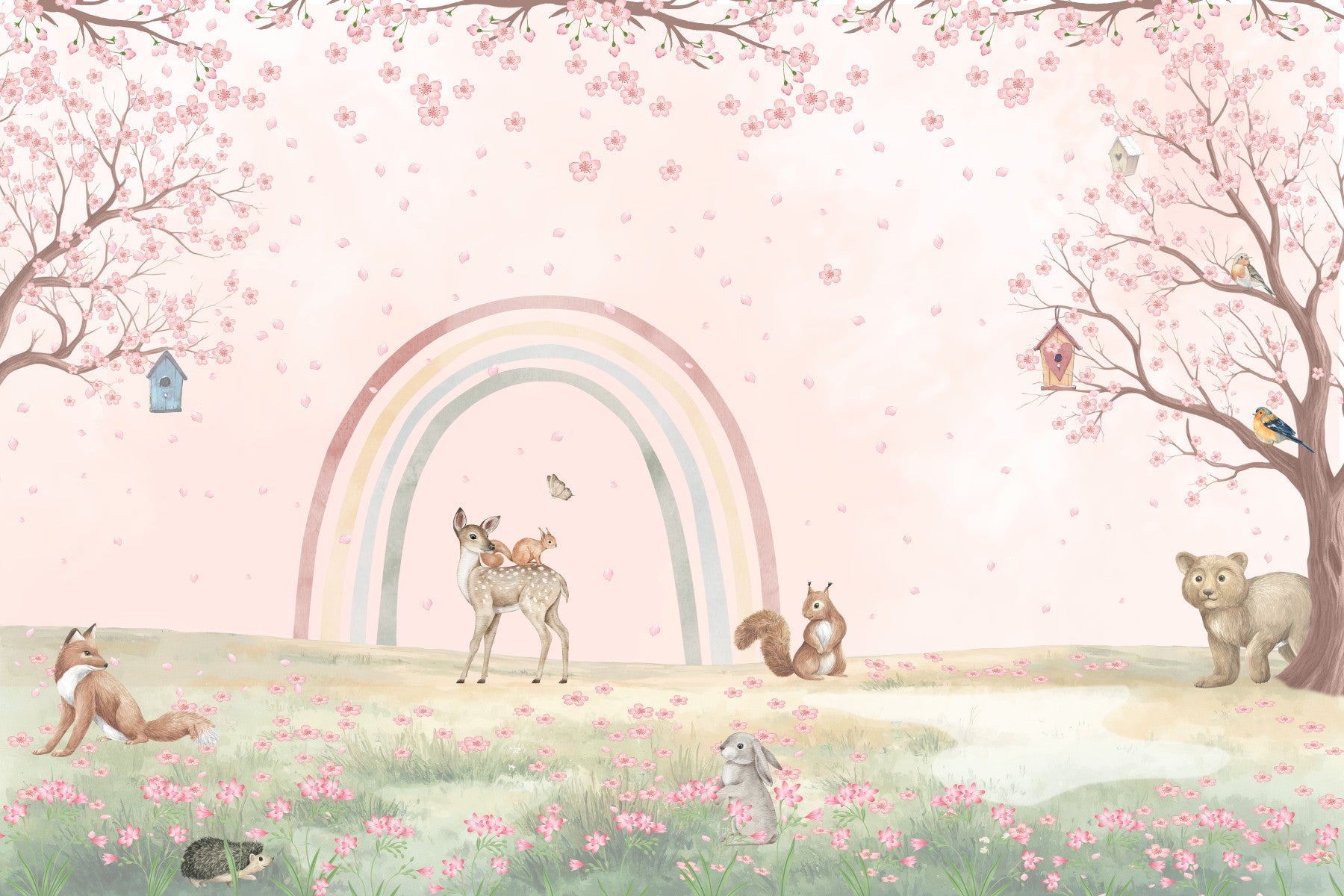 Whimsical Forest Friends with Soft Rainbow Wall Mural