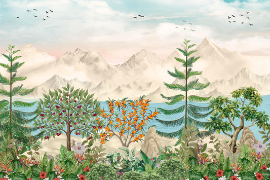 Serene Mountain Orchard Vista Wall Mural