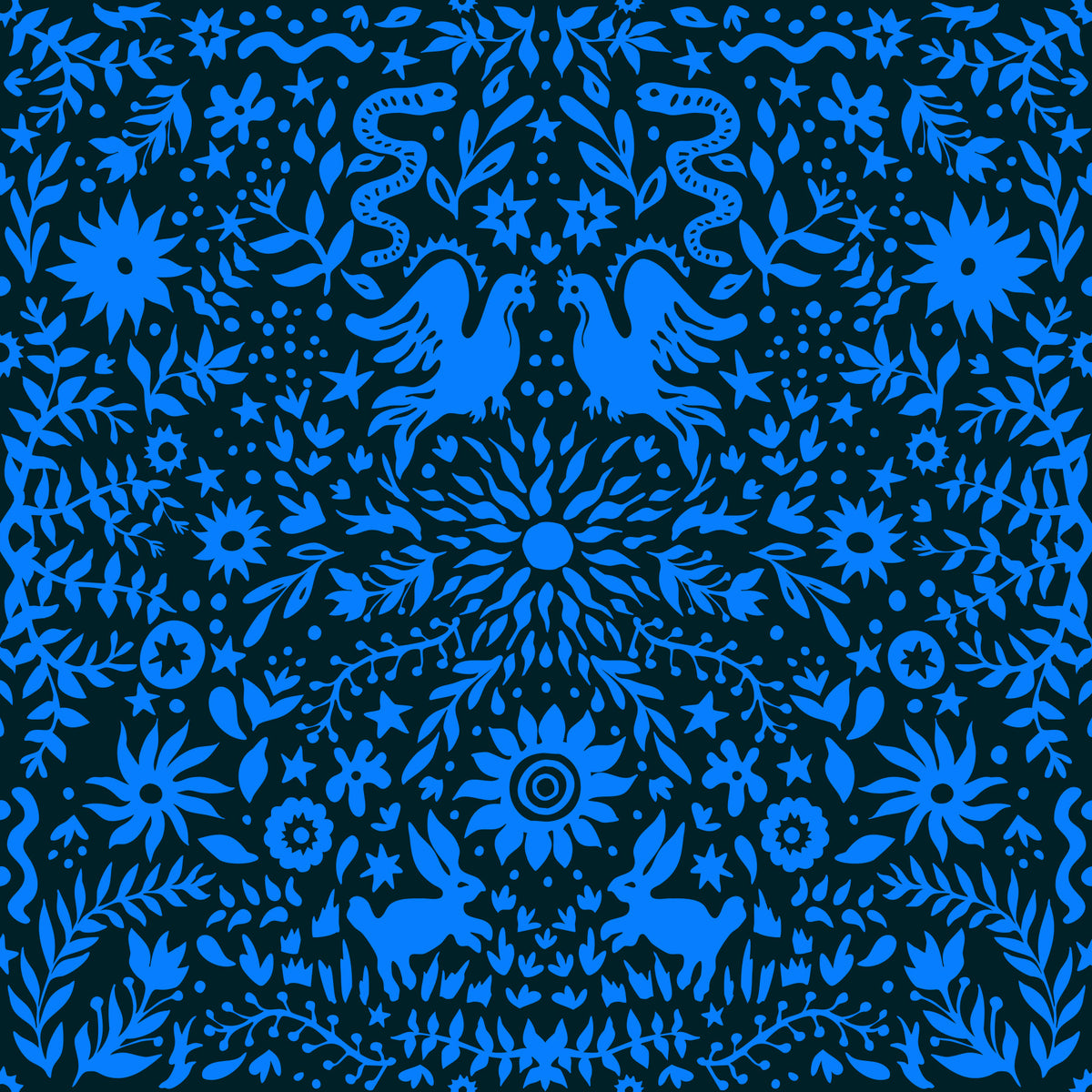 Cobalt Folklore Folk Art Pattern Wallpaper⁠ in your room — zoomed