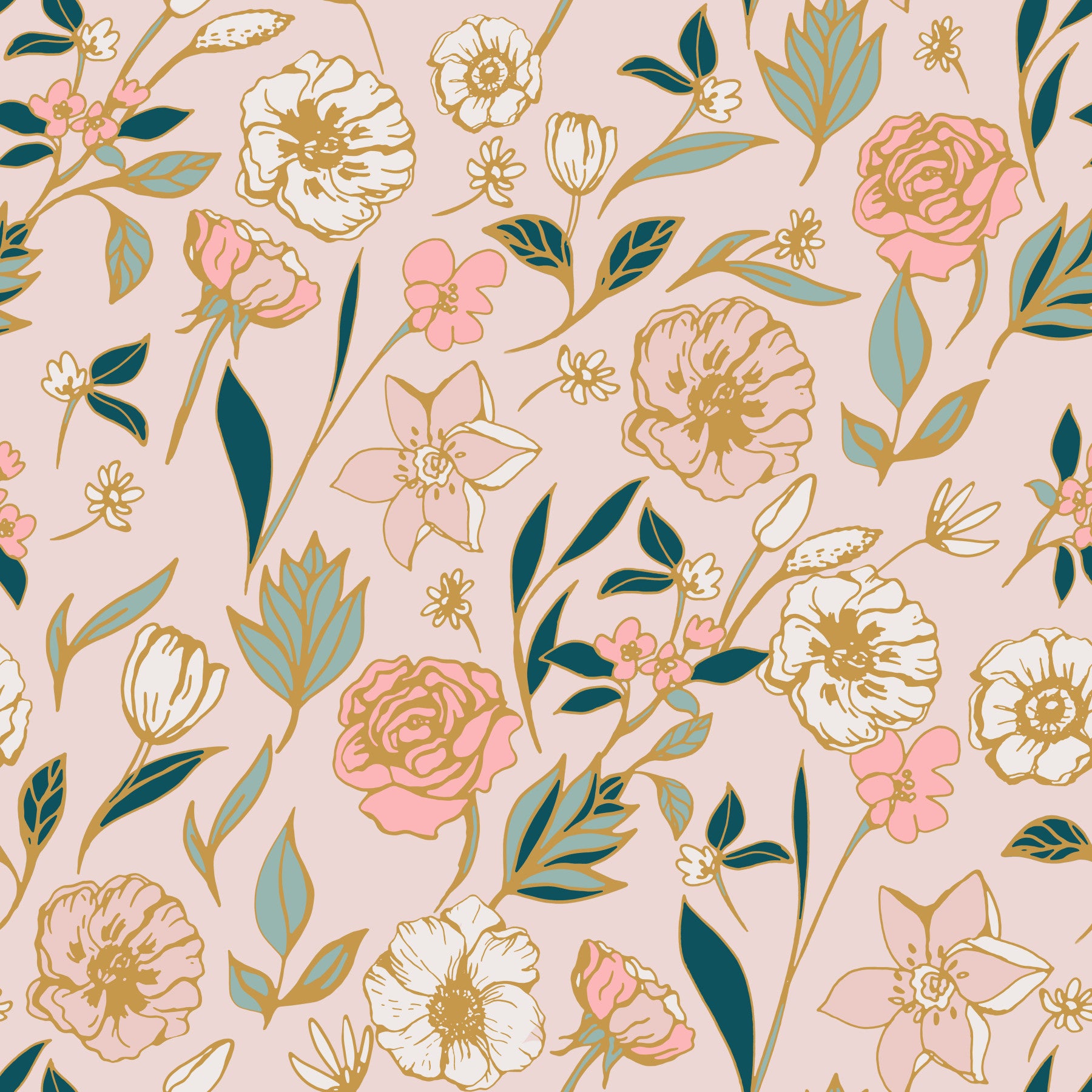 Soft Blush Botanical Garden Illustration Wallpaper⁠