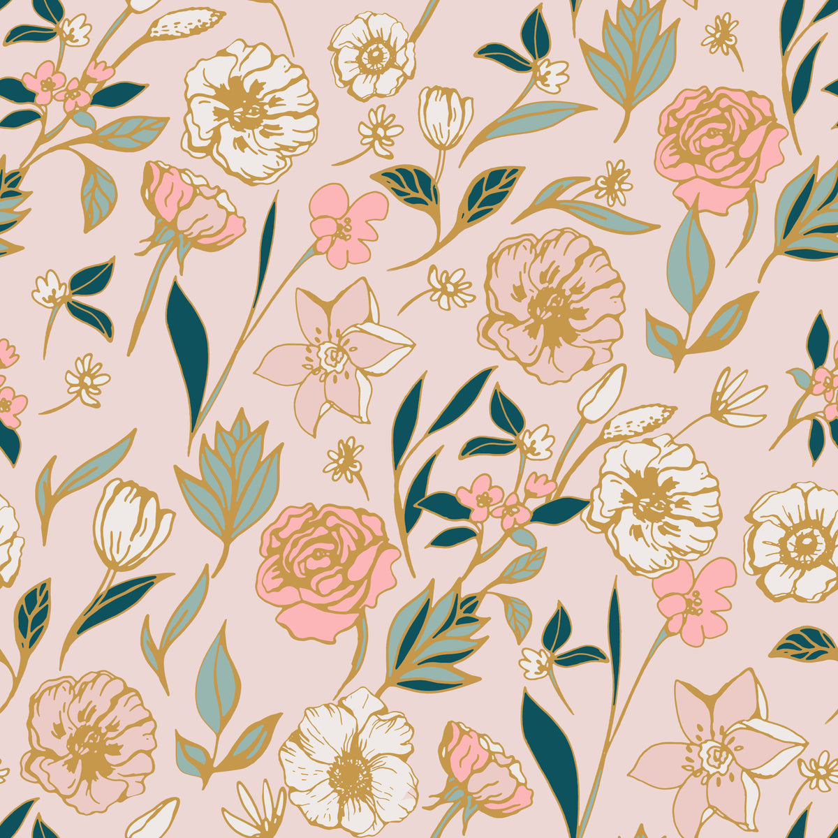 Soft Blush Botanical Garden Illustration Wallpaper⁠