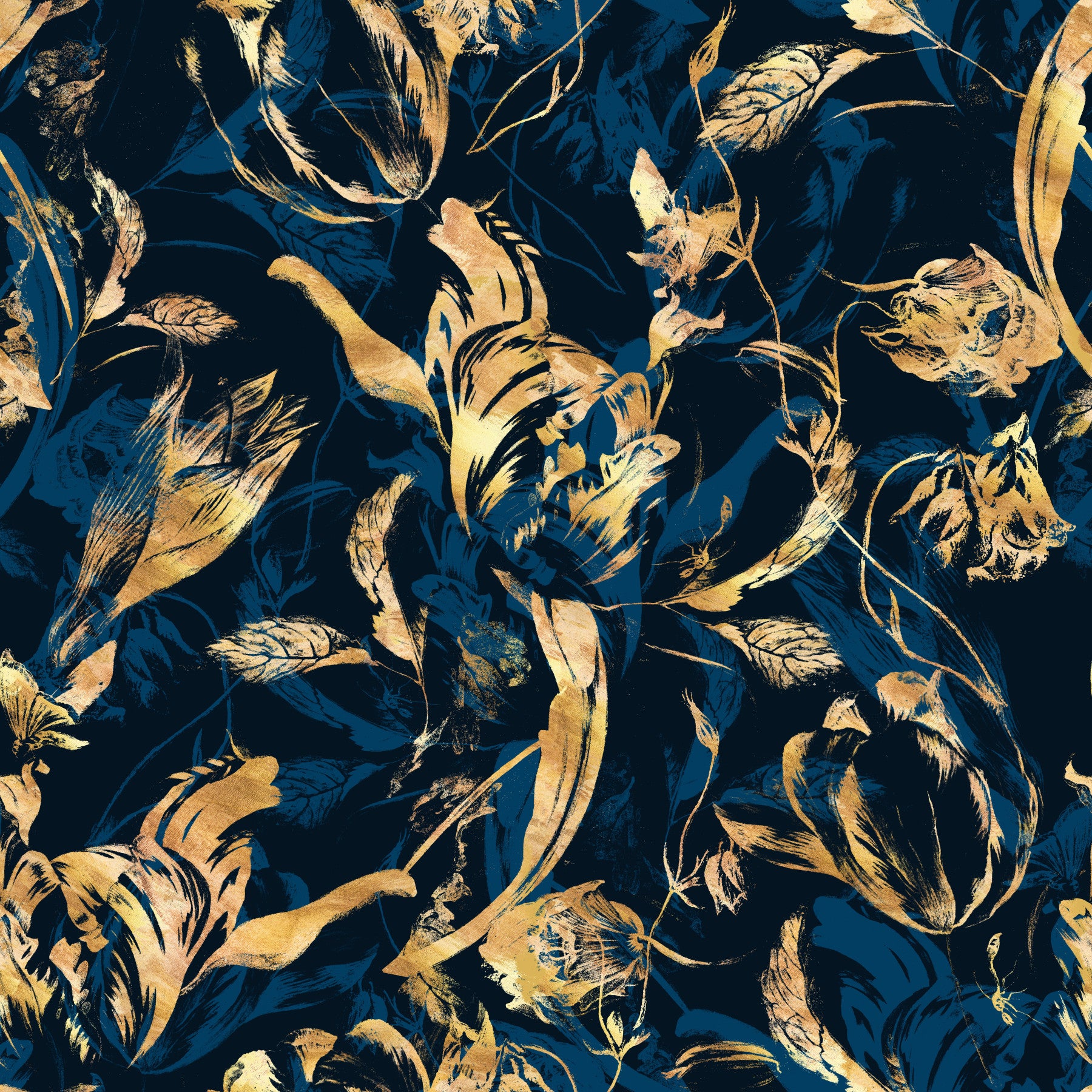 Midnight flora wallpaper behind a grey sectional and cream swivel chair in a modern living room GD12288
