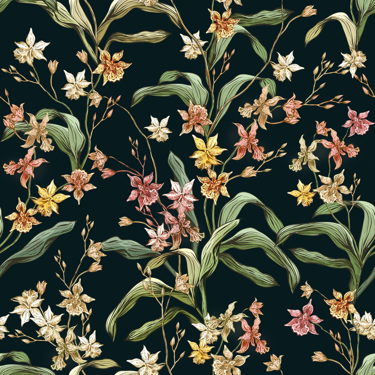 Midnight Botanical Orchard Wallpaper⁠ in your room — zoomed