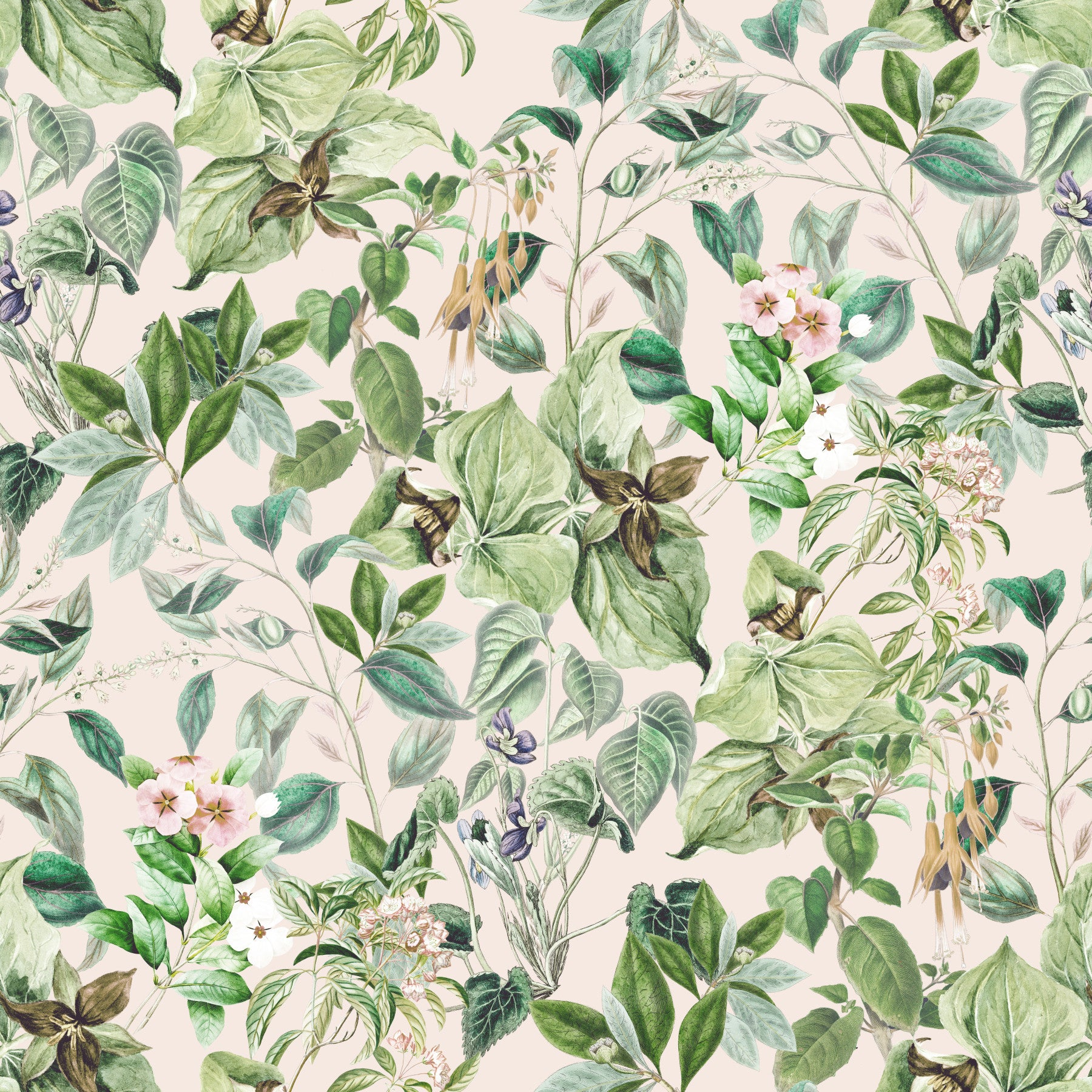 Soft sage floral meadow wallpaper in a living room with a brown leather sectional GD12339