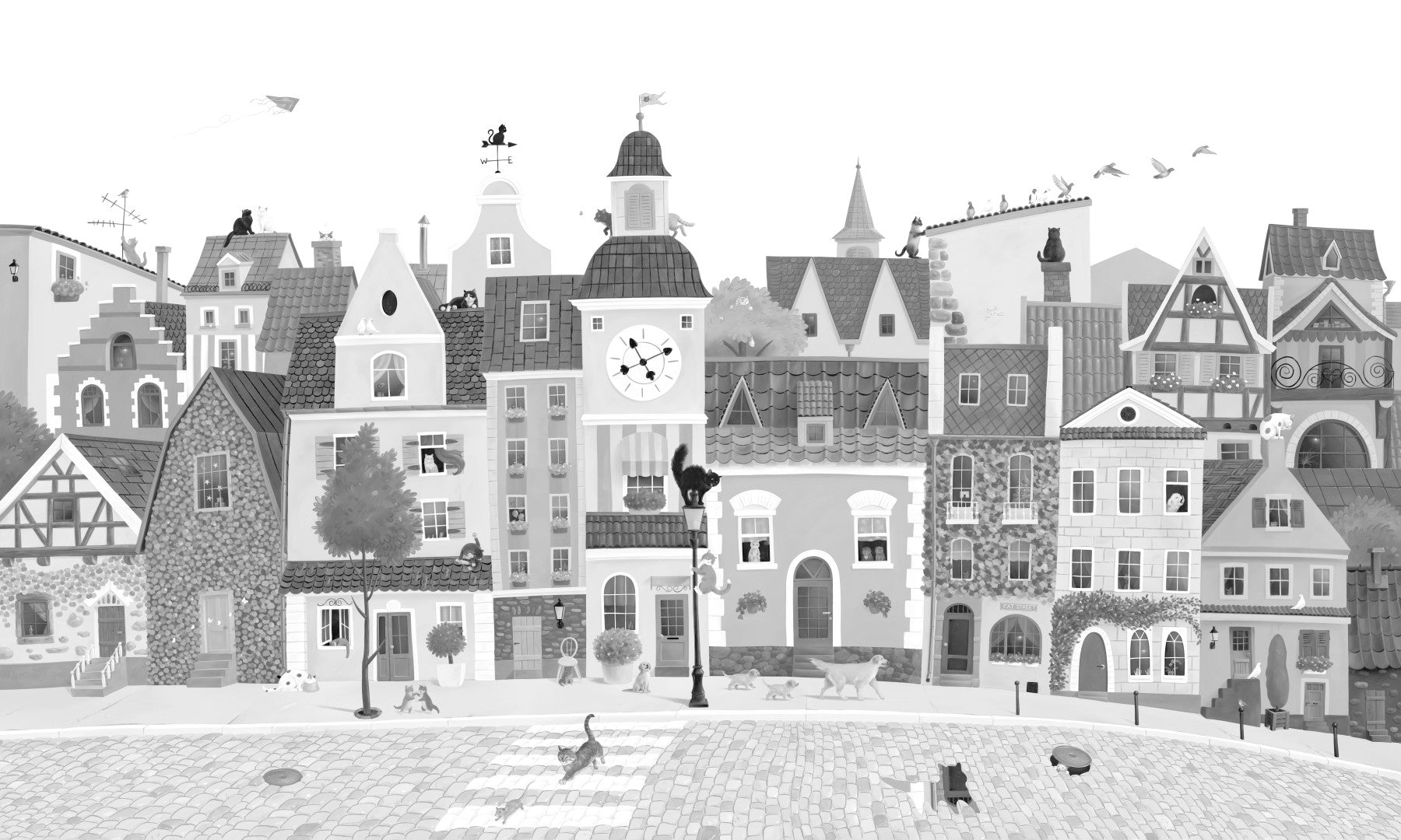 Feline Street Scene Monochrome Illustration Wall Mural