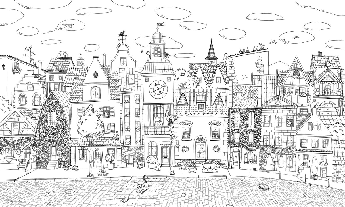 Whimsical Feline Cityscape Illustration Wall Mural in your room