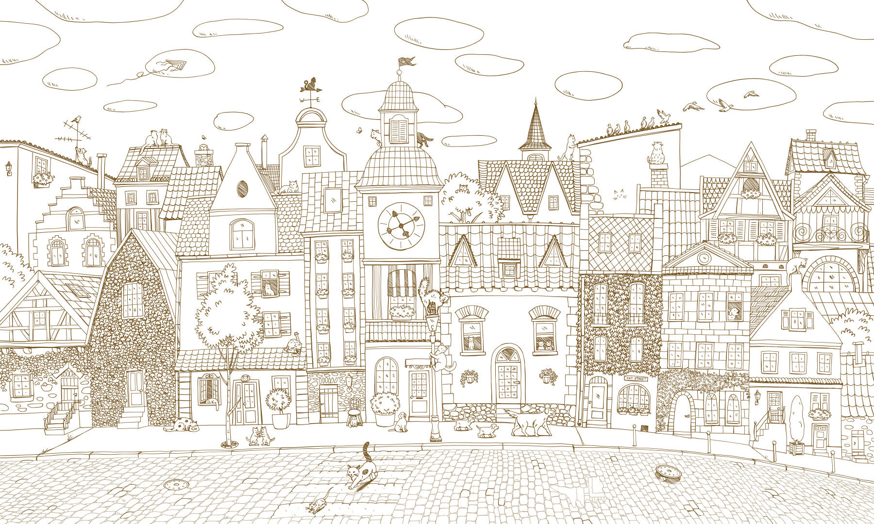 Whimsical Feline Village Scene Wall Mural