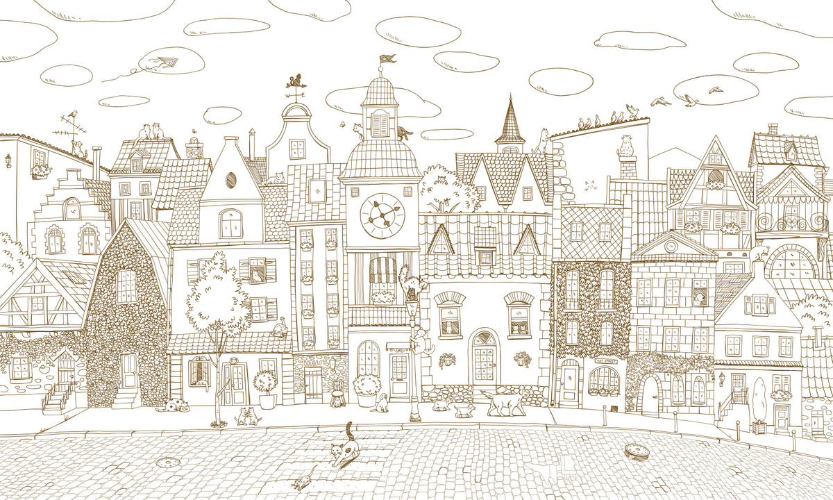 Whimsical Feline Village Scene Wall Mural in your room