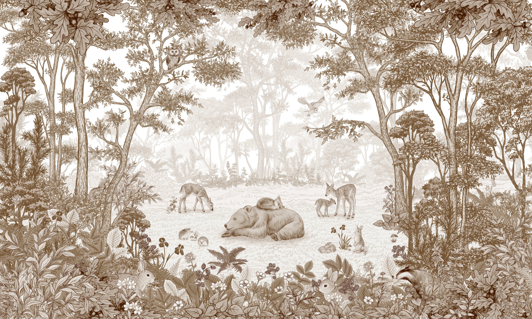 Sepia woodland wildlife wall mural above a house-frame bed with a striped throw and panda toy GD12400