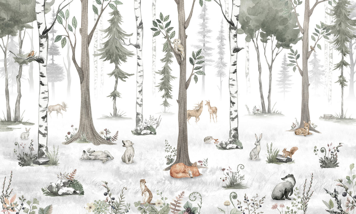 Misty Woodland Animal Gathering Wall Mural