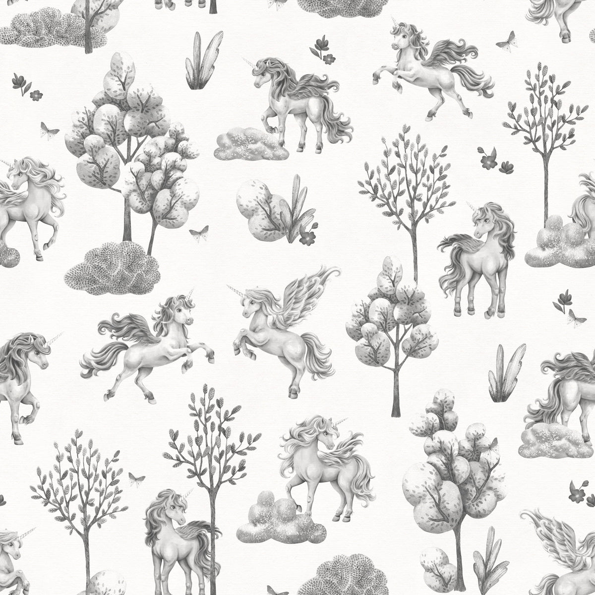 Monochrome Enchanted Forest Creatures Wallpaper⁠ in your room — zoomed