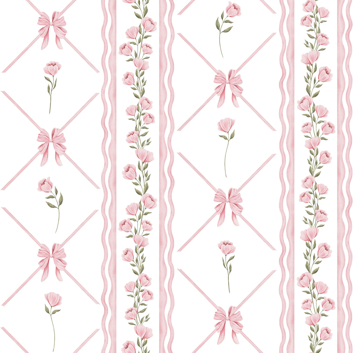 Soft Pink Ribbon and Floral Trellis Wallpaper⁠ in your room — zoomed