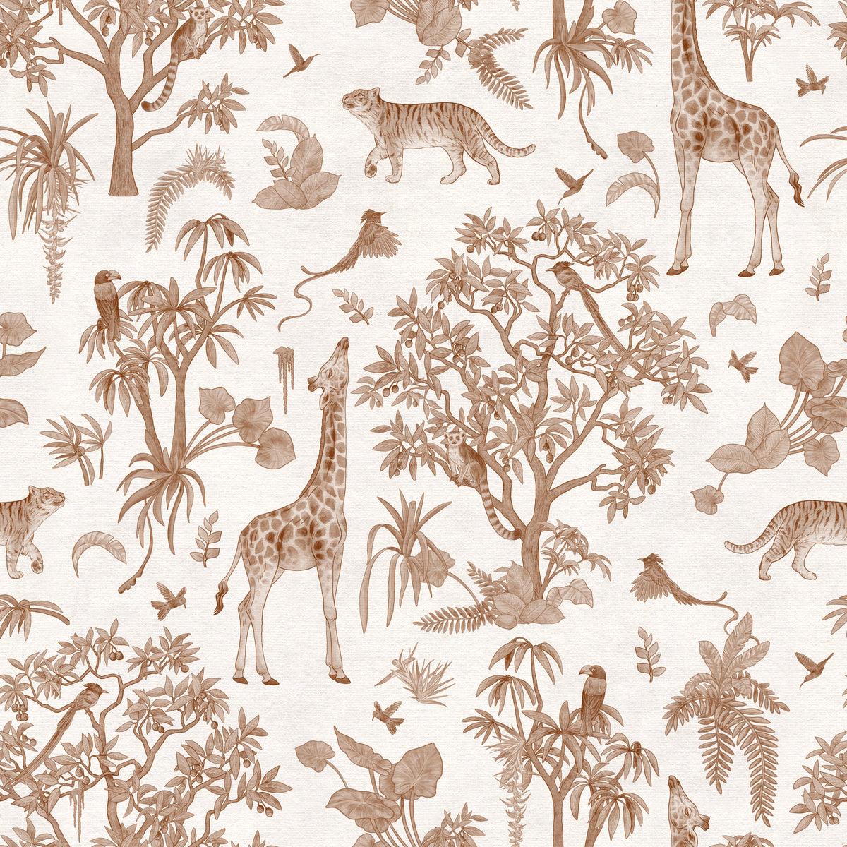 Monochromatic Wildlife Jungle Toile Wallpaper⁠ in your room — zoomed