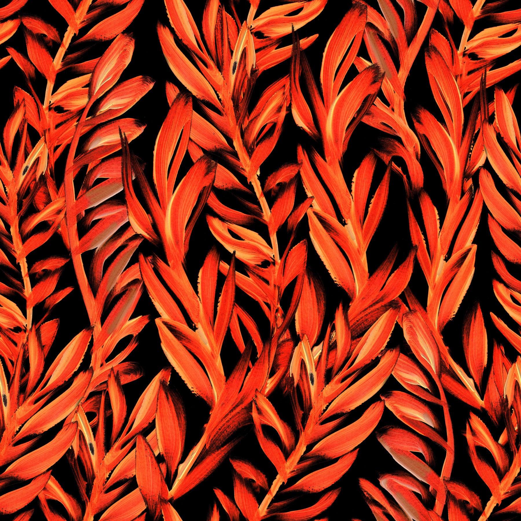 Fiery tropical fronds wallpaper behind a black bed with white bedding and gold lamps GD12477