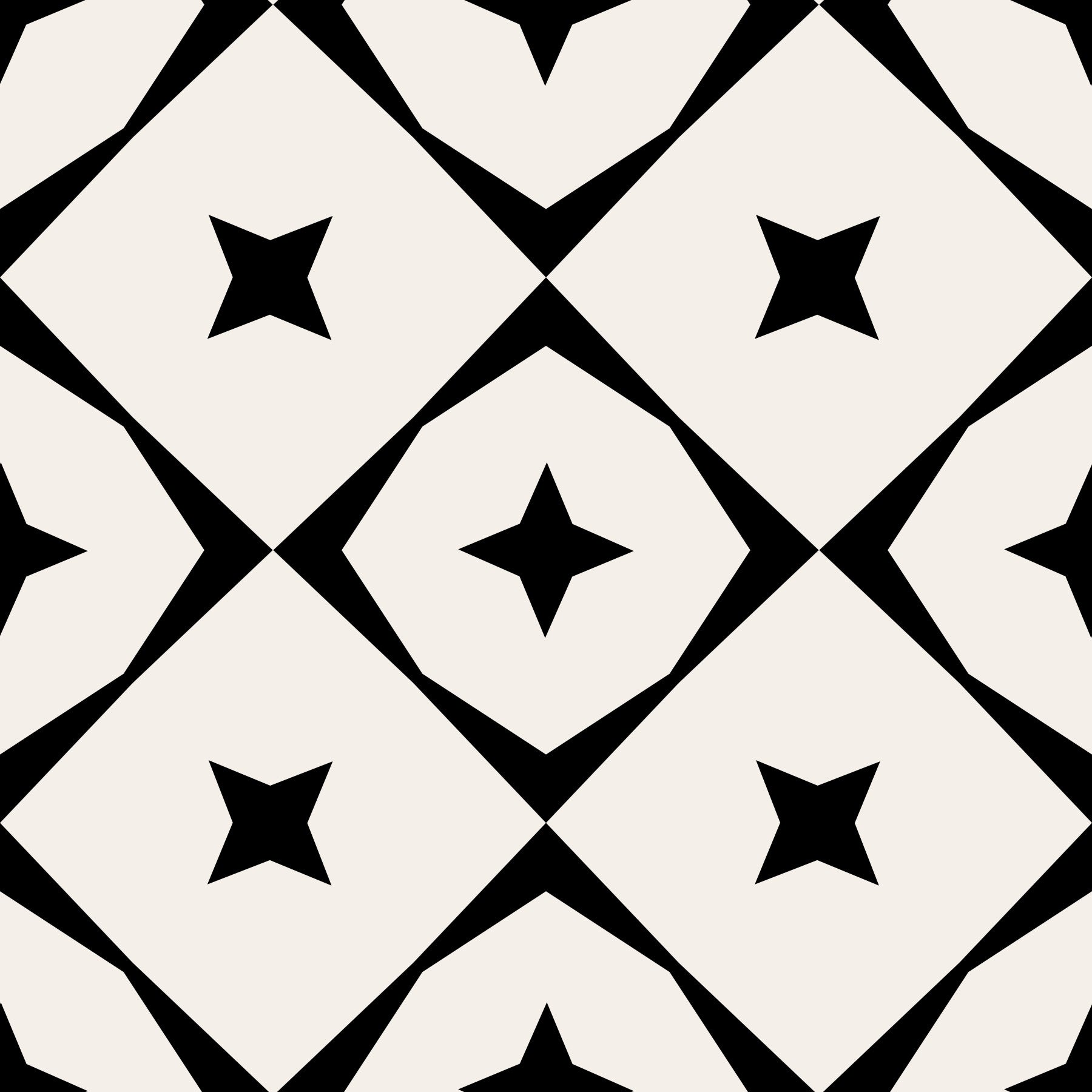 Monochrome geometric star grid wallpaper above a wooden console with plants and baskets GD12482