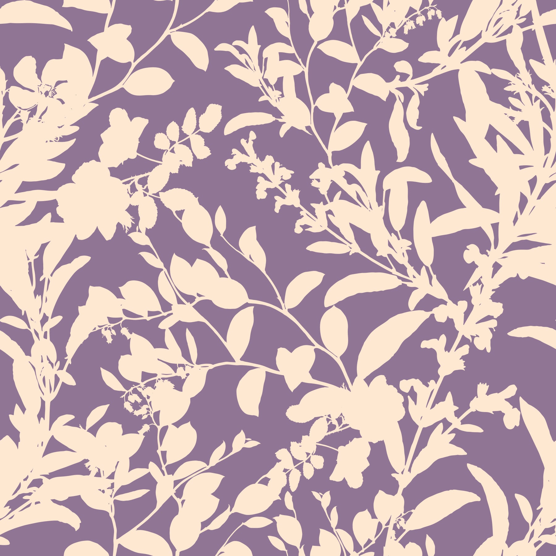 Purple and cream botanical silhouette wallpaper behind a white bench with cushions GD12484