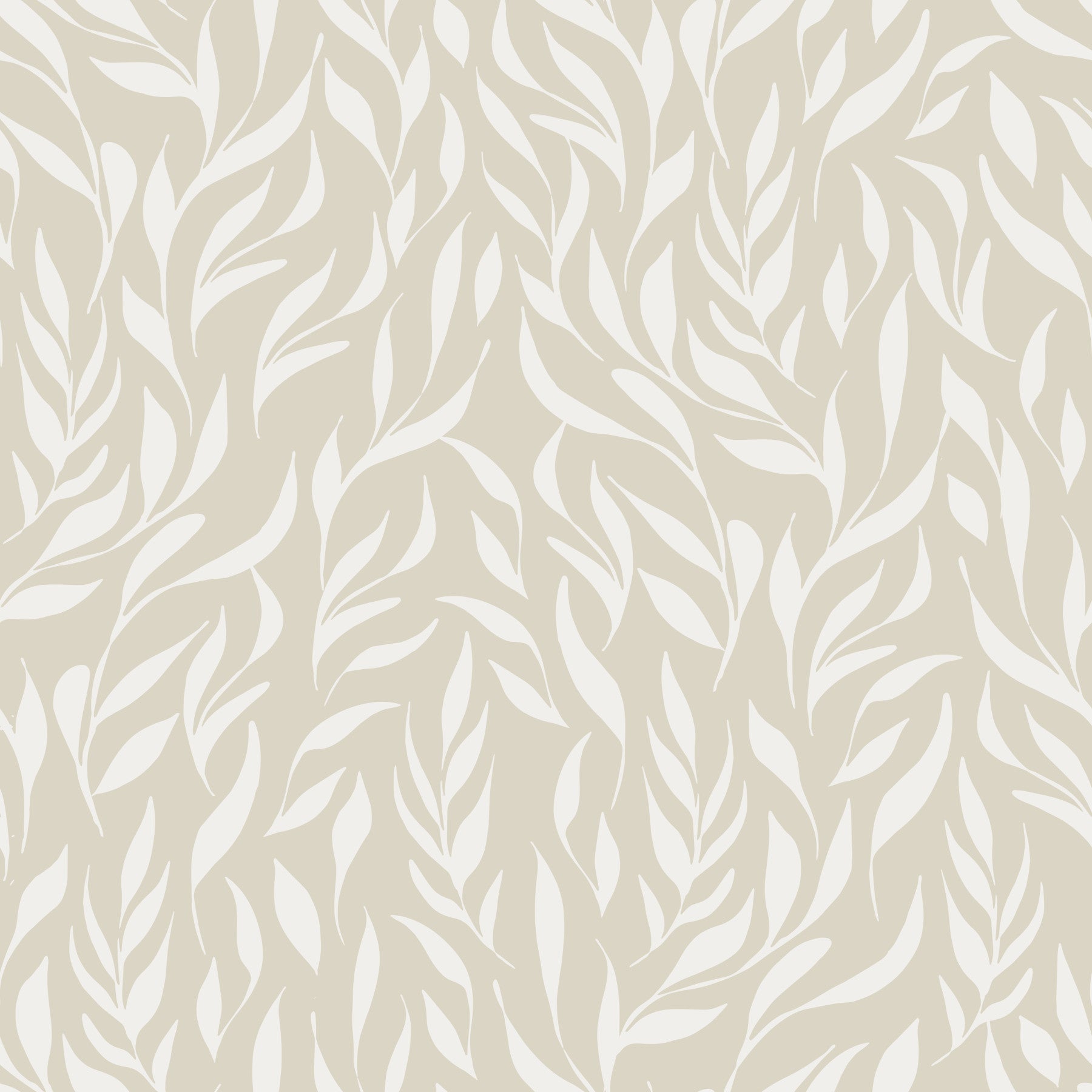Serene cream botanical leaves wallpaper behind a white sofa and wood coffee table GD12486
