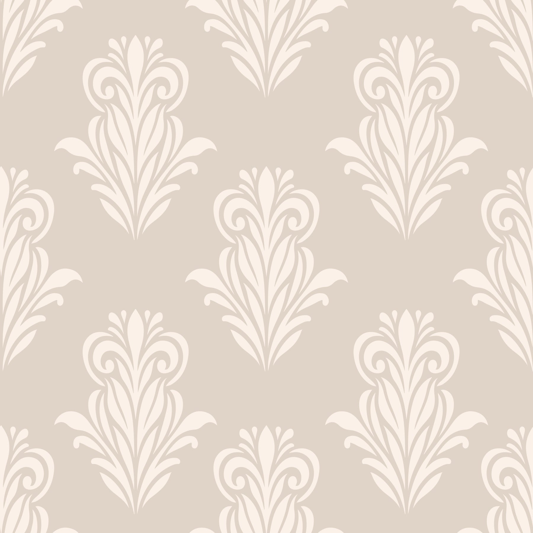 Cream damask scroll wallpaper in a living room with a blush sofa and patterned rug GD12492
