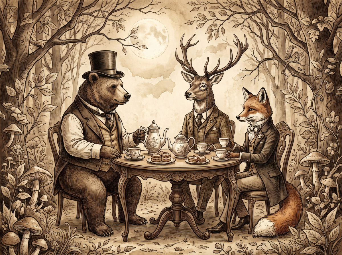 Woodland Tea Party in Sepia Wall Mural in your room — zoomed