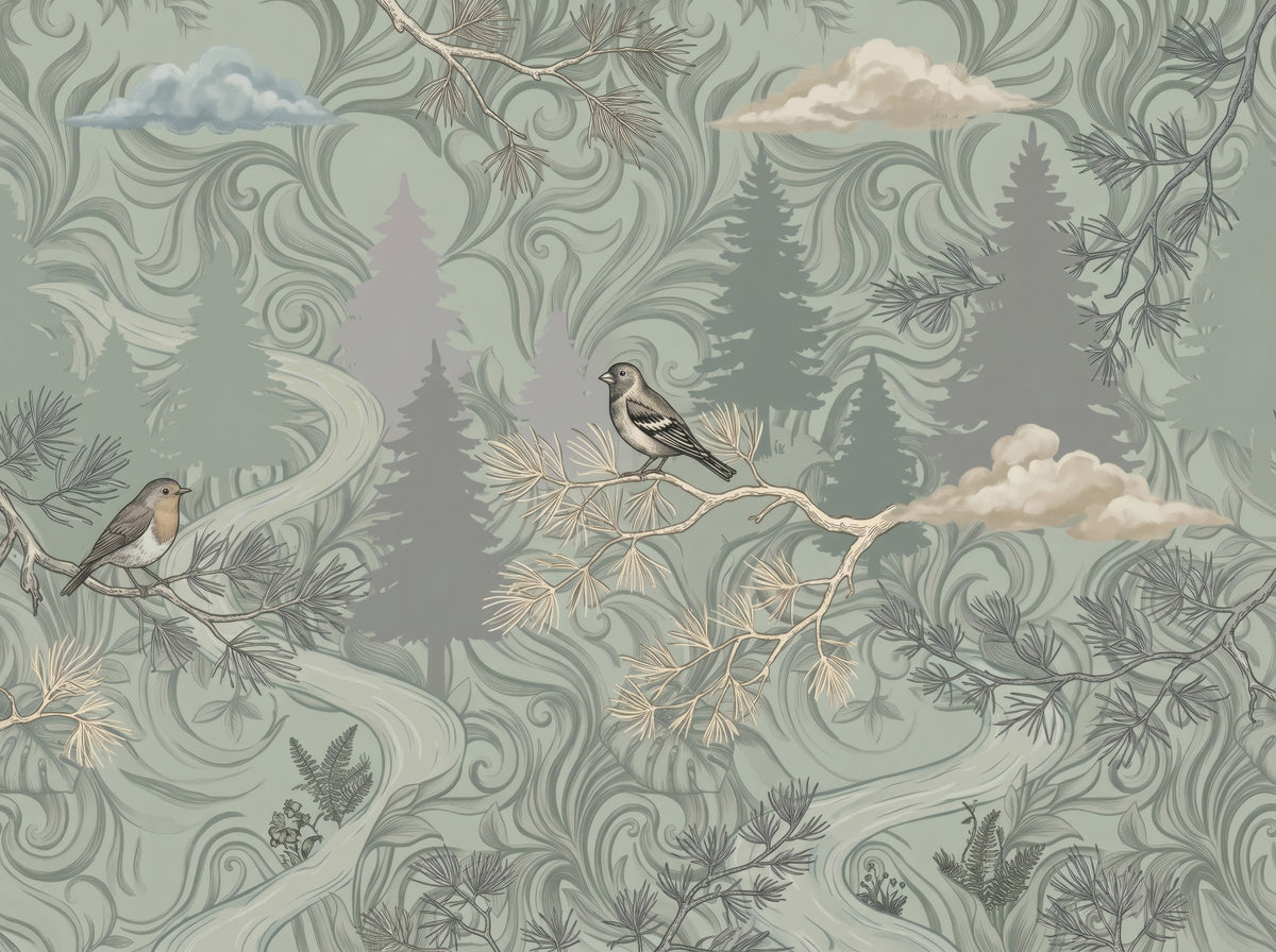 Misty Pine Forest Aviary Wall Mural in your room