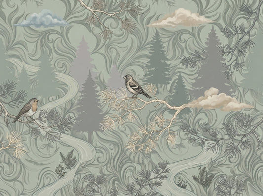 Misty Pine Forest Aviary Wall Mural