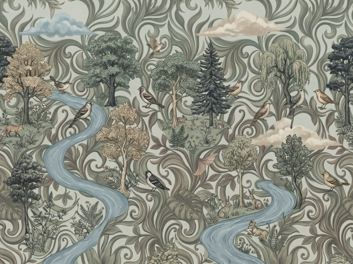 Misty Forest River Escape Wall Mural