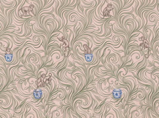 Playful Monkeys in Porcelain Vases Wall Mural
