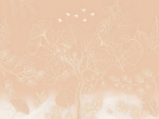 Serene Peach Botanical Line Art Wall Mural