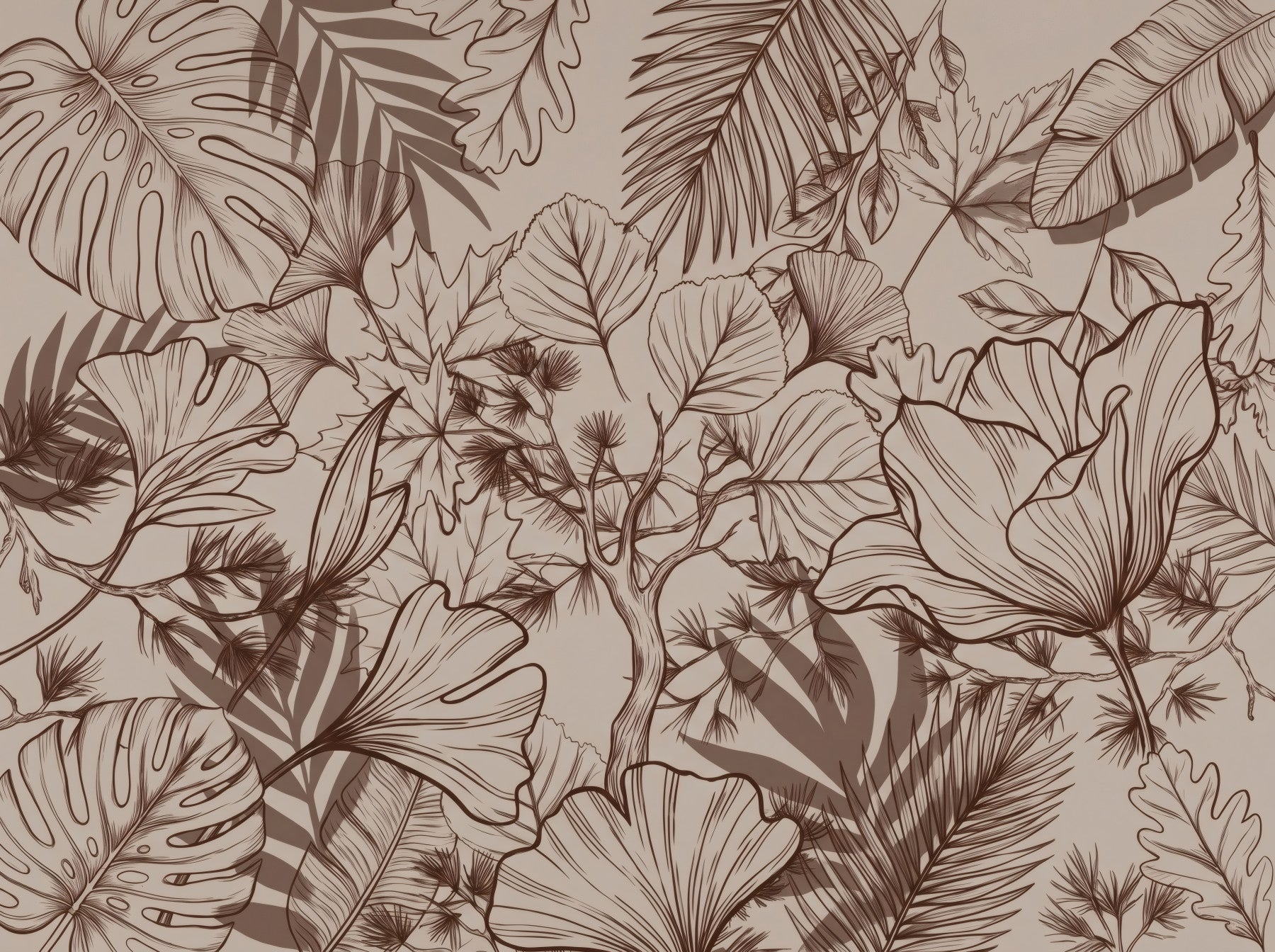 Monochromatic Botanical Line Art Wall Mural