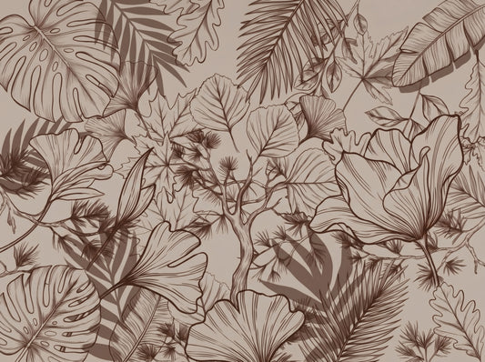 Monochromatic Botanical Line Art Wall Mural