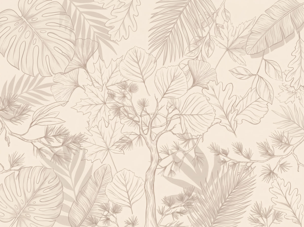 Cream Botanical Leaf Sketch Wall Mural in your room