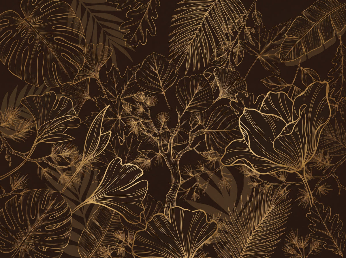 Golden Botanical Foliage Wall Mural in your room — zoomed